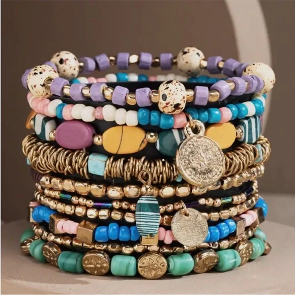 Boho Multicolor Stone & Bead Stackable Bracelet Set - Picture 1 of 3